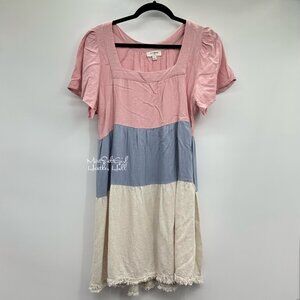 Umgee USA Colorblock Tiered Mini Linen Blend Dress Size Small